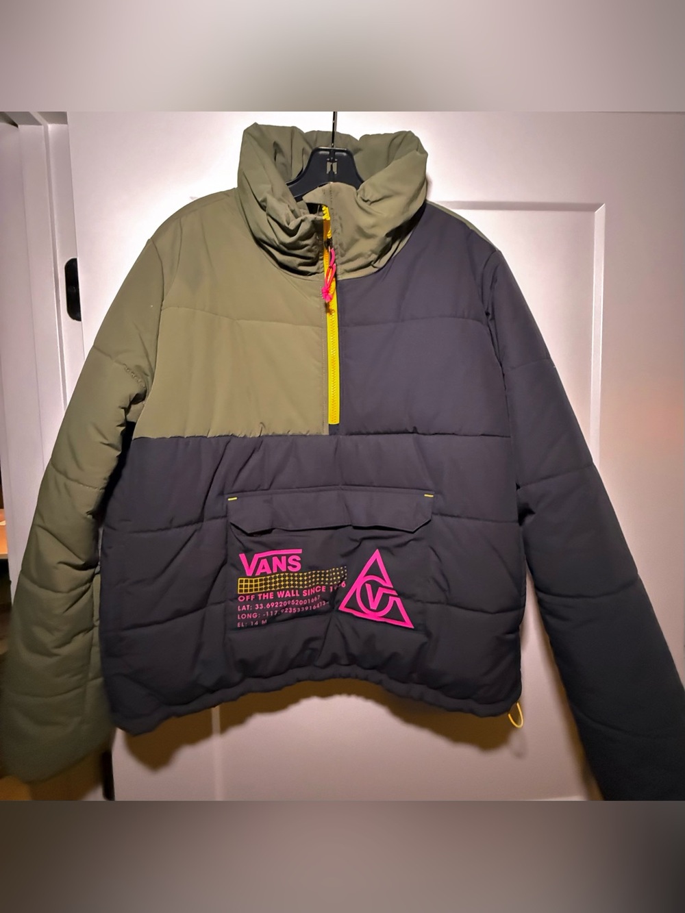 Vans Olive, Black & Neon Yellow Puffer Pullover with Pink Logo